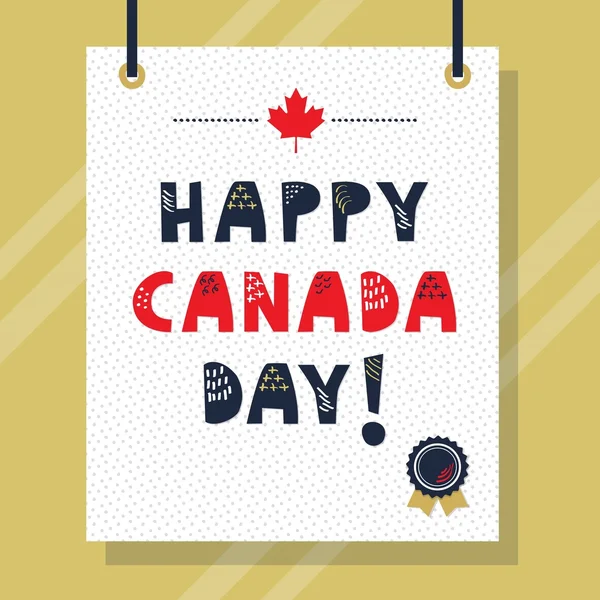 Carino blu navy e rosso Felice Canada Day doodle texture lettere maiuscole messaggio, su appeso punteggiato carta modello e parete dorata sfondo — Vettoriale Stock