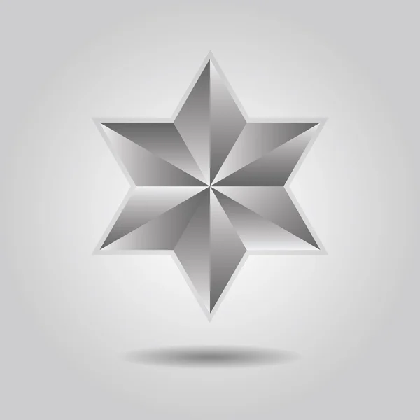 Prata abstrato 3d seis pontas ícone estrela com sombra caiu sobre fundo gradiente cinza — Vetor de Stock