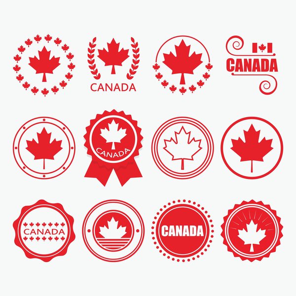 Red Canada flag emblems, stamps and design elements set