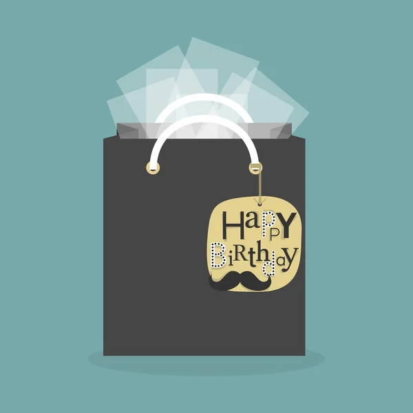 Czarny i żółty, abstrakcyjny prezent torba i tkanki dokumentów z wiszące szczęśliwy urodziny ikony znacznika na tle teal — Wektor stockowy