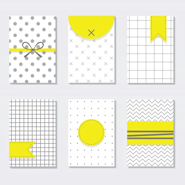 Niedlichen grauen und weißen trendigen Mustern Karten mit gelben Etiketten, Tags und Designs Vorlagen Set — Stockvektor