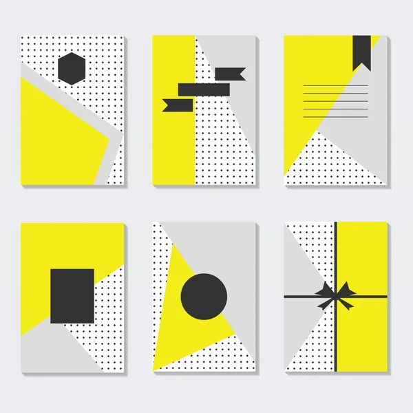 Söta och trendiga diverse gul, grå och vit prickig bakgrund kort mallar som med Tom svart etiketter, båge och band designelement — Stock vektor