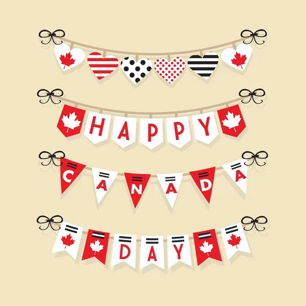 Happy Canada Day hängande buntings och festlig kransar dekoration ikoner som på beige bakgrund — Stock vektor