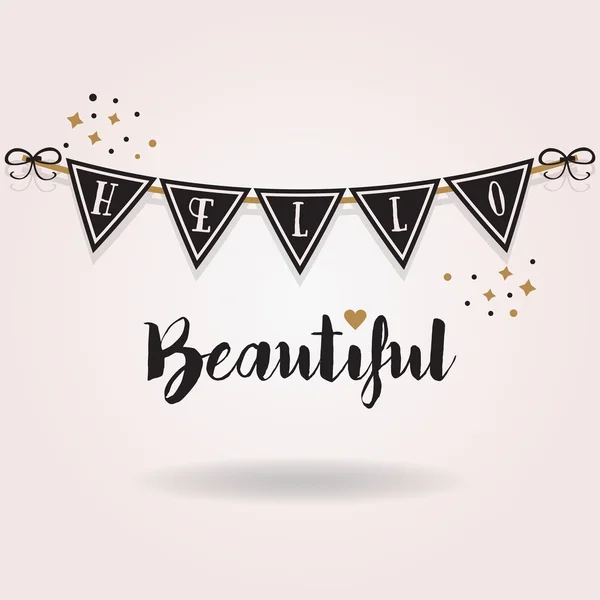 Abstrato preto e dourado Hello Beautiful buntings icon with some confetti on pink gradient background — Vetor de Stock