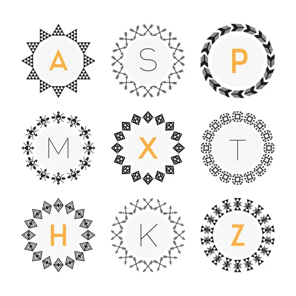 Black geometrical monograms circle pattern emblems set on white background — Stock Vector