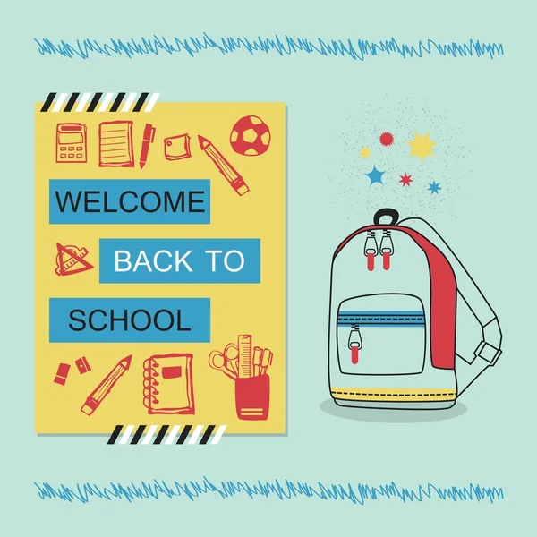 Bentornati a scuola messaggio blu e giallo con borsa da scuola disegnata a mano e icone di cancelleria — Vettoriale Stock