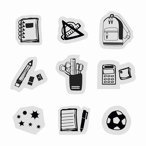 Encre noire dessinée à la main fournitures scolaires et autocollants de papeterie icônes mis sur fond blanc — Image vectorielle