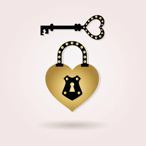 Zwarte en gouden abstracte hart vorm hangslot en een belangrijke pictogrammen op roze achtergrond met kleurovergang — Stockvector