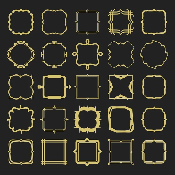 Set of golden different styles line emblems, frames, borders, and buttons design elements on black background — Stock Vector