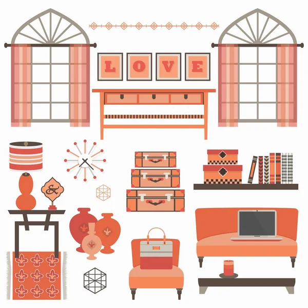 Living room furniture and accessories in coral red on white background — Stock Vector