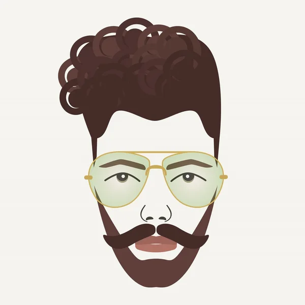 Young dark brown hair hipster male with mustache, beard, and golden frame green lenses glasses — Stock Vector