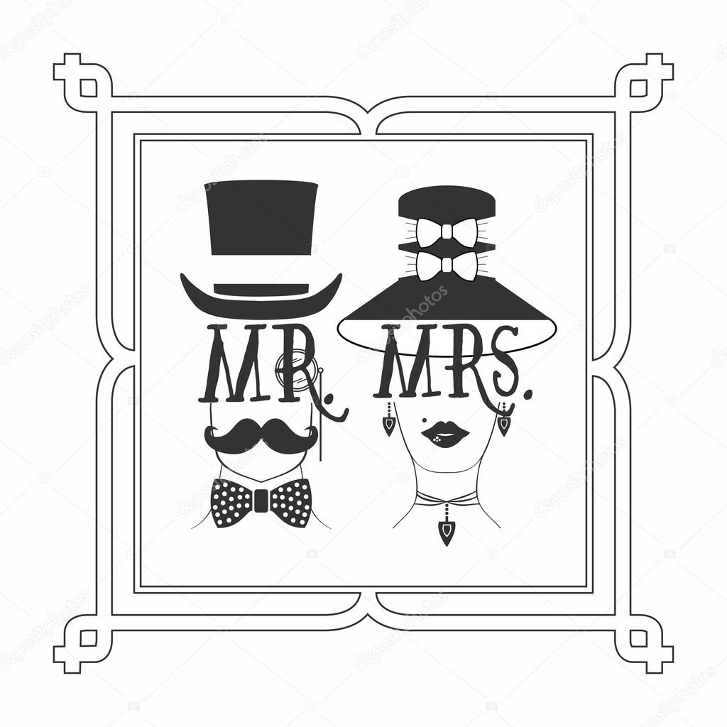 Black silhouette elegant Mr. Male & Mrs. Female icons picture frame on white background