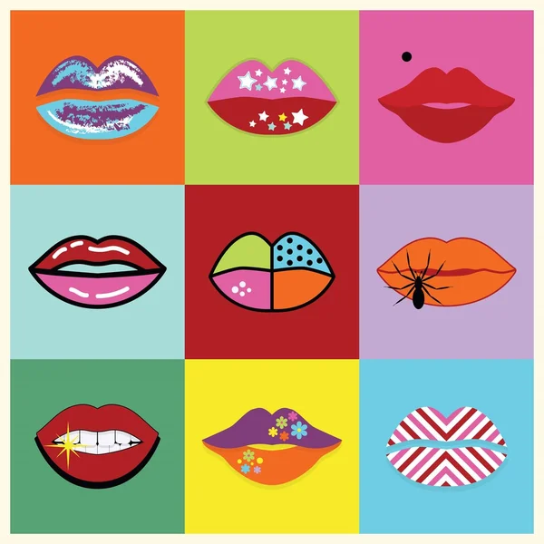 Retro surtido y colorido pop arte mujeres labios conjunto cartel — Archivo Imágenes Vectoriales