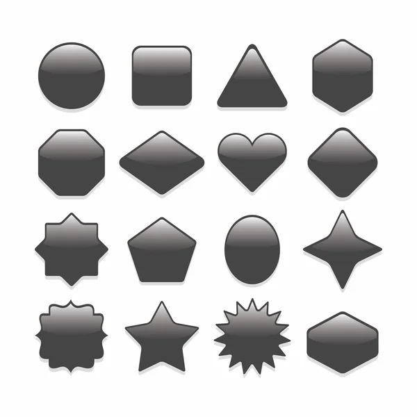 Botones de forma geométrica negra básica conjunto completo sobre fondo blanco — Vector de stock