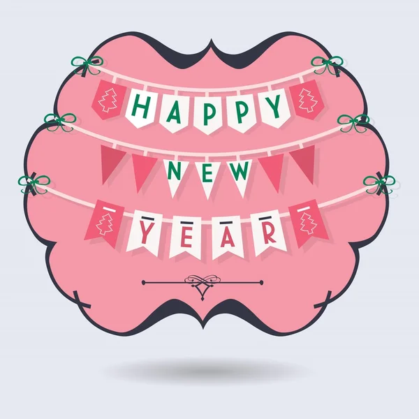 Abstracto Feliz Año Nuevo buntings decoración en emblema negro y rosa sobre fondo azul — Archivo Imágenes Vectoriales