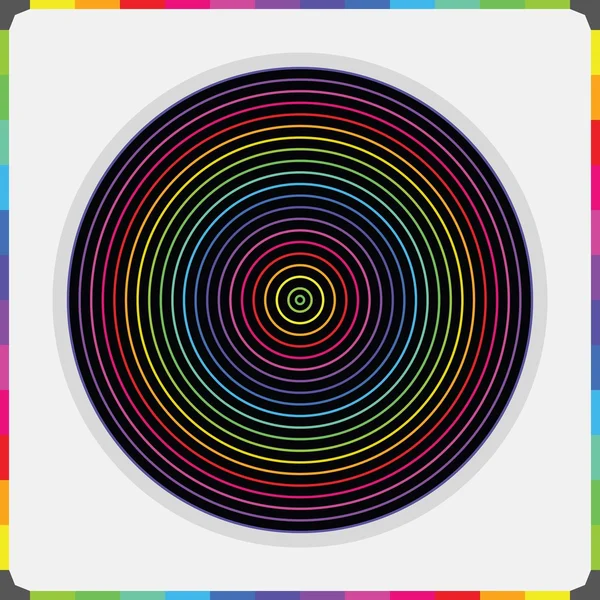 Abstract colorful parallel inner circles pattern on black with different diameters and same stroke heights with color bricks border — Stock Vector