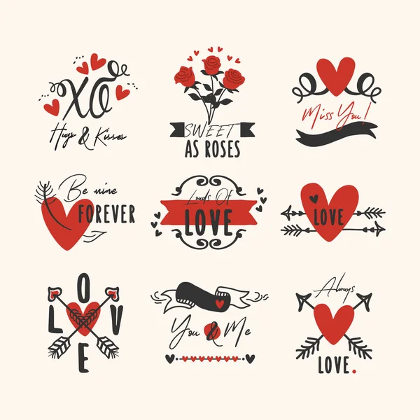 红黑相间的手绘心形和爱情的标志和标签图标将设计元素设置在粉色背景上 — 图库矢量图片