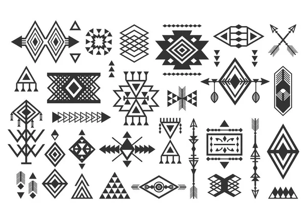 Black Silhouette Trendy Aztec Tribal Signs Symbols Design Elements Set — Stock Vector