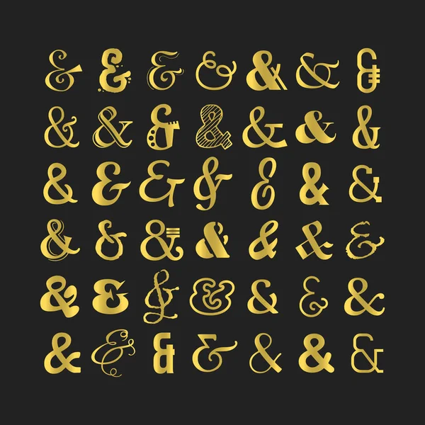 Komplett Verschiedene Goldene Und Isolierte Ampersand Schriftzeichen Auf Schwarzem Hintergrund — Stockvektor