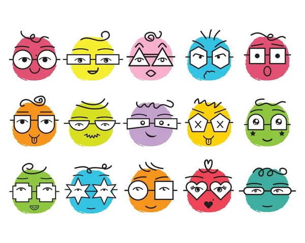 Cute Colorful Abstract Emoticons Faces Geometrical Shapes Eyeglasses Different Emotions — Διανυσματικό Αρχείο