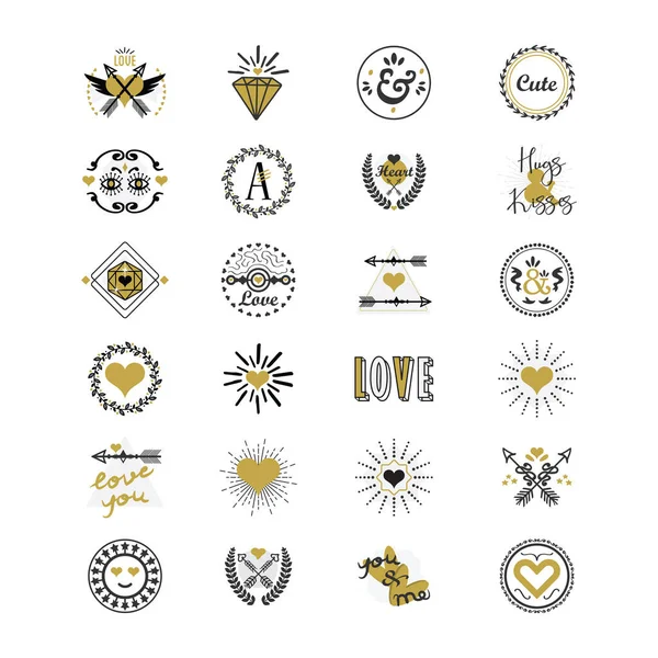 可爱的黑色和金色的爱情和心形的徽章和邮票设计元素设置在白色背景上 — 图库矢量图片