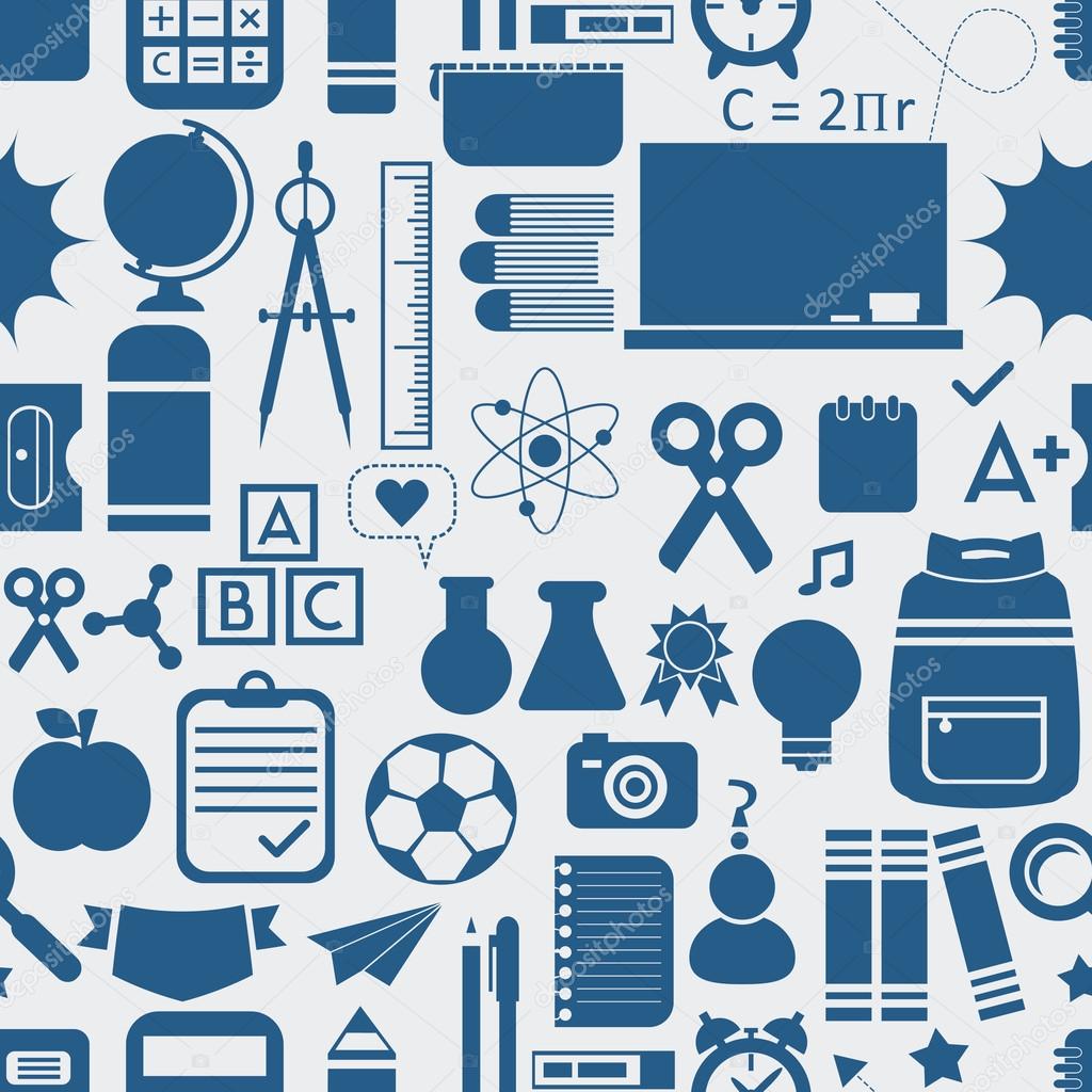 School and educational icons, background, and seamless pattern