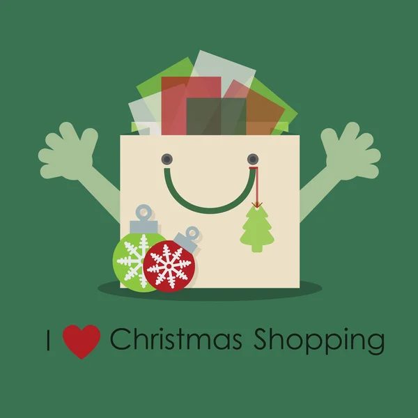 Adoro lo shopping natalizio - Carino sacchetto regalo smiley con le mani aperte — Vettoriale Stock