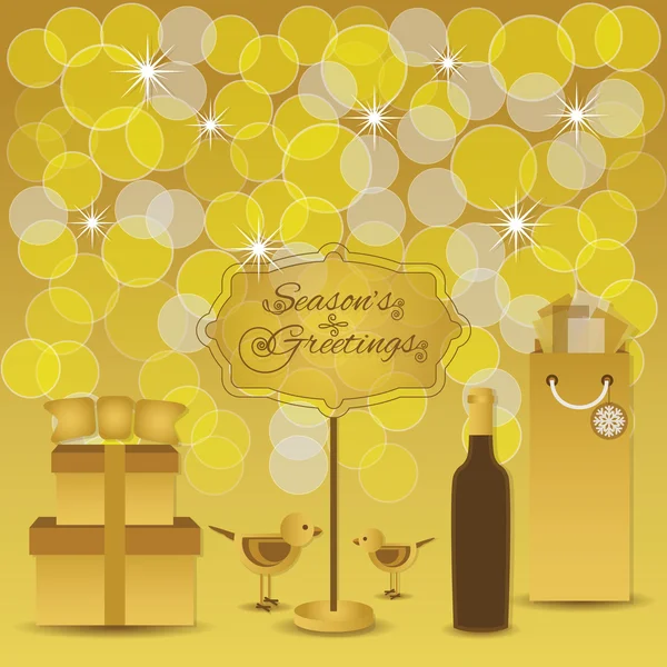 Season's Greetings - Golden gele geschenken, cute vogels en lichte stippen achtergrondgeluid — Stockvector