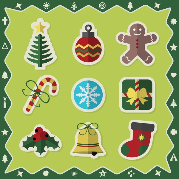 Autocollants de Noël colorés plats icônes ensemble sur fond vert — Image vectorielle