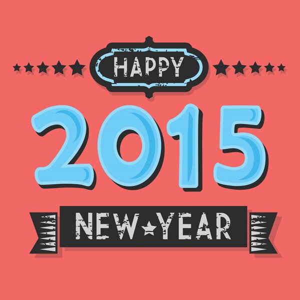 Vintage textured Happy 2015 New Year, flat design on hot coral background