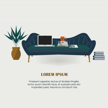 İşkolik - ev, rahat mavi kanepe laptop ve kitaplar ile çalışma
