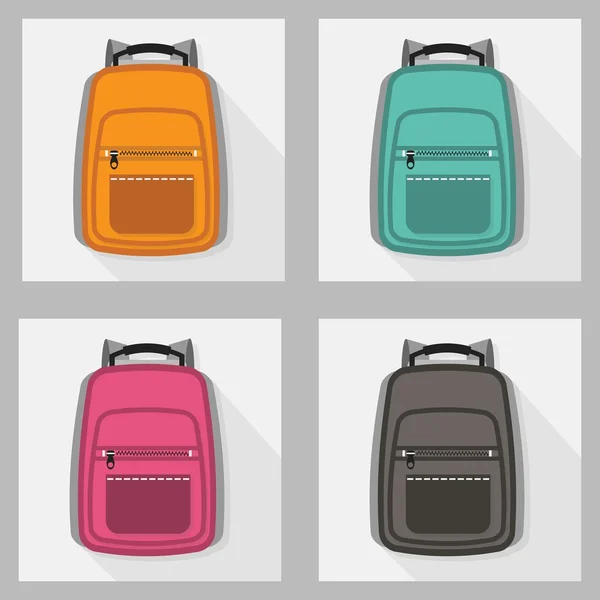 Ensemble de sacs à dos colorés avec ombre longue — Image vectorielle