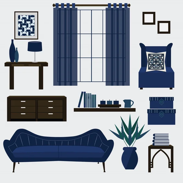 Woonkamer meubels en accessoires in kleur marineblauw — Stockvector