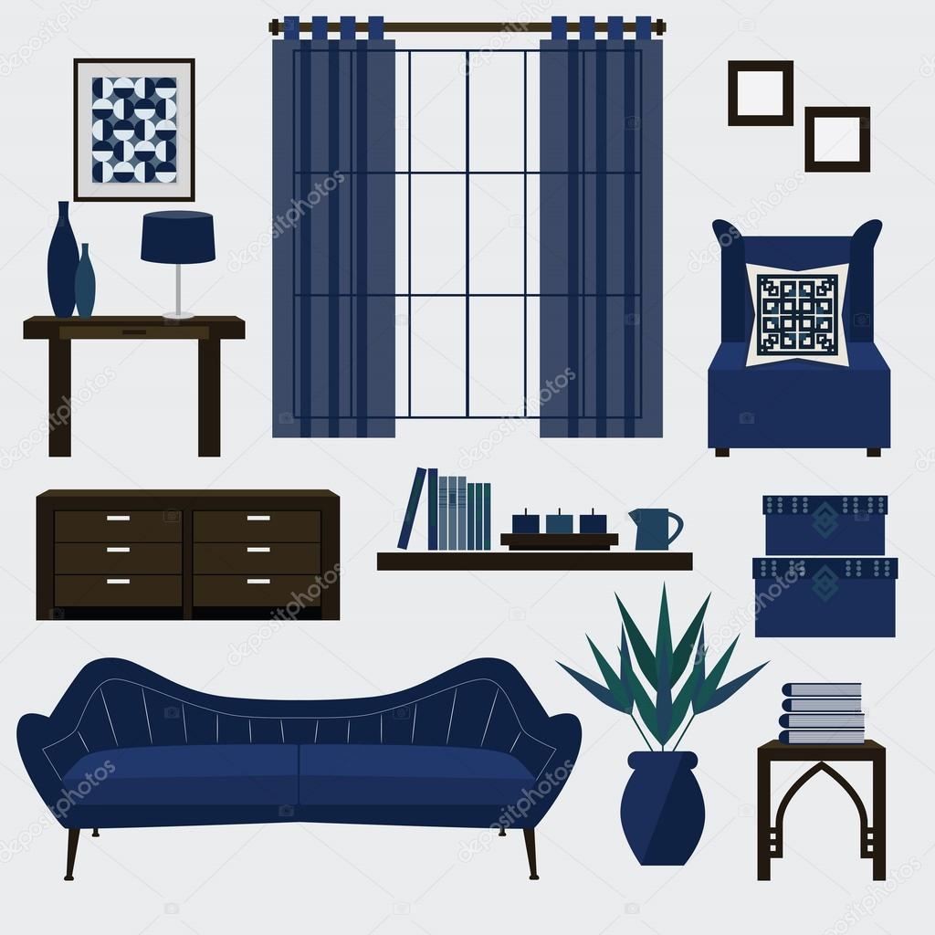 Living room furniture and accessories in color navy blue