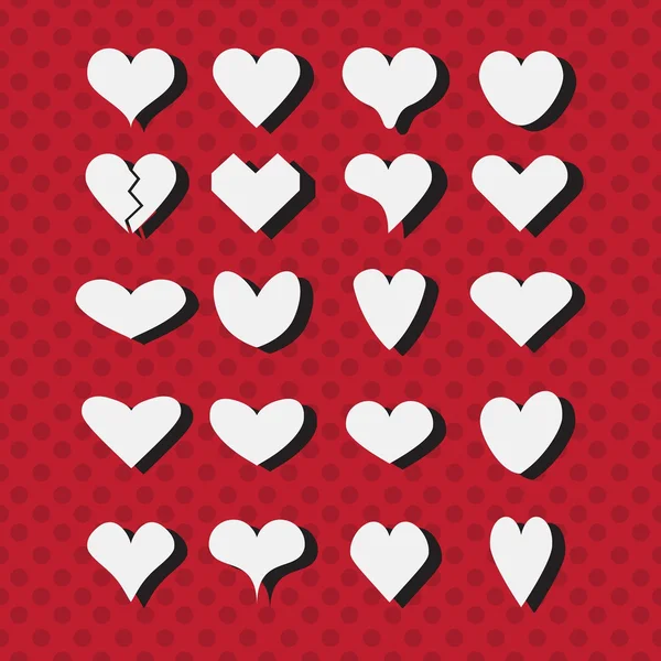 Conjunto de diferentes formas de corazón blanco iconos con sombras negras sobre fondo rojo punteado moderno - Elementos de diseño plano — Vector de stock