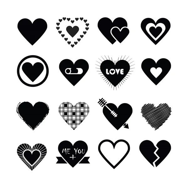 Assorted designs of black silhouette hearts icons set on white background - Flat design elements — Stock Vector