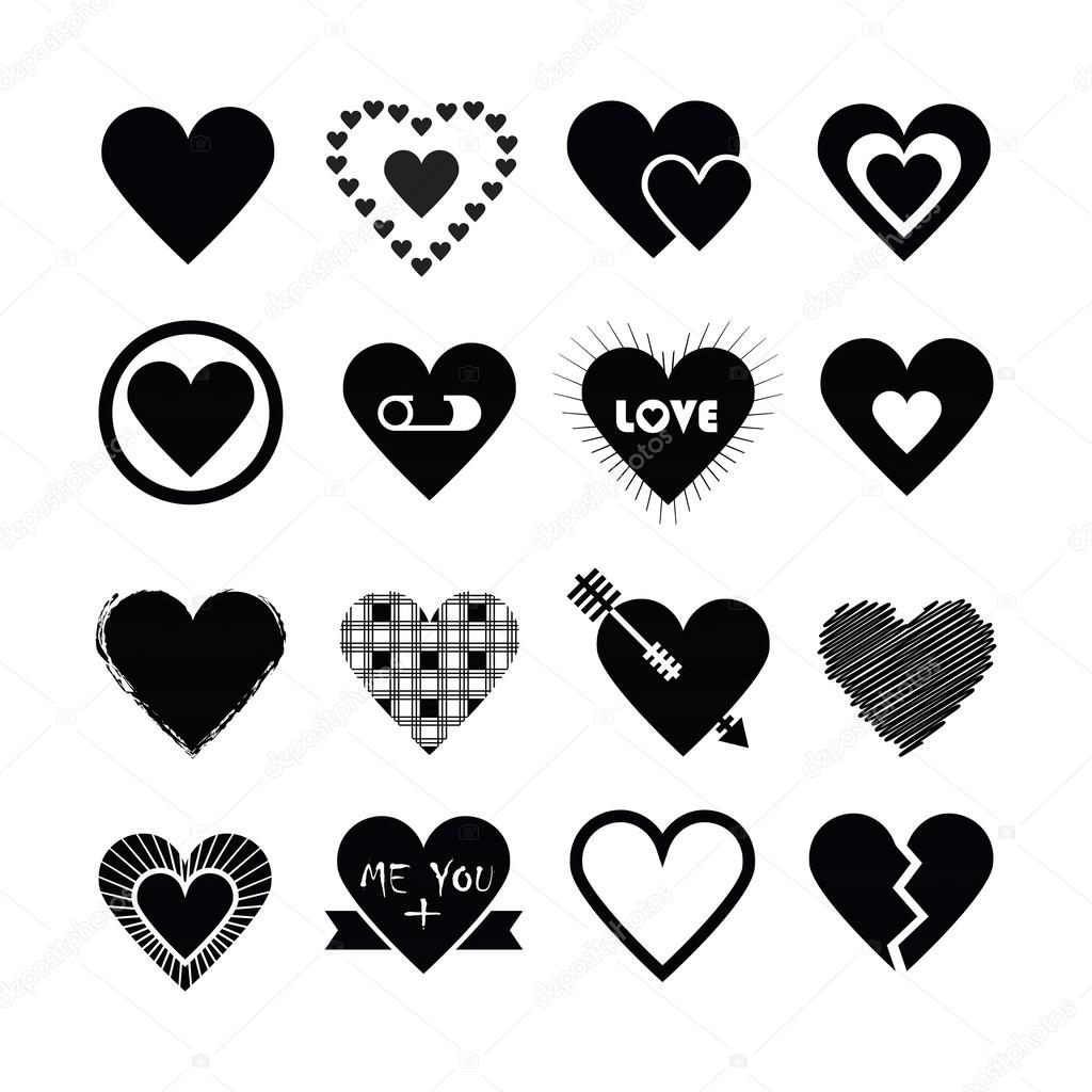 Assorted designs of black silhouette hearts icons set on white background - Flat design elements
