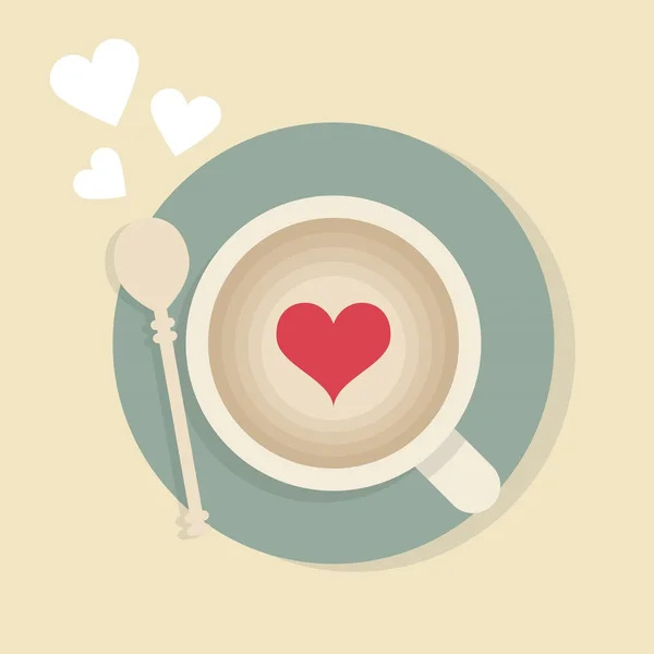 Coupe cappuccino avec coeur rouge et une cuillère à café de vue de dessus — Image vectorielle