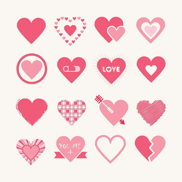 Surtido de diseños de corazones de color rosa iconos establecidos sobre fondo blanco hueso - Elementos de diseño plano — Vector de stock