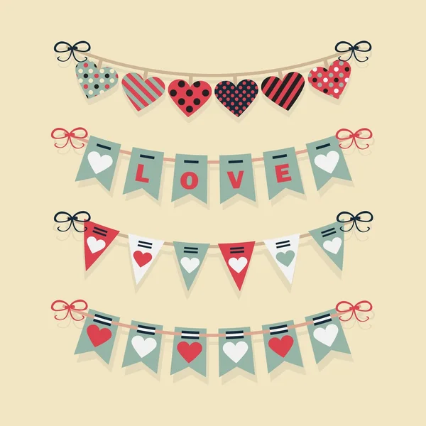 Liefde gorzen en feestelijke slingers decoratie instellen voor Valentijnsdag en romantische ontwerpen — Stockvector