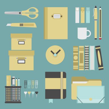 Ofis malzemeleri ve Kırtasiye Simge seti - düz tasarım