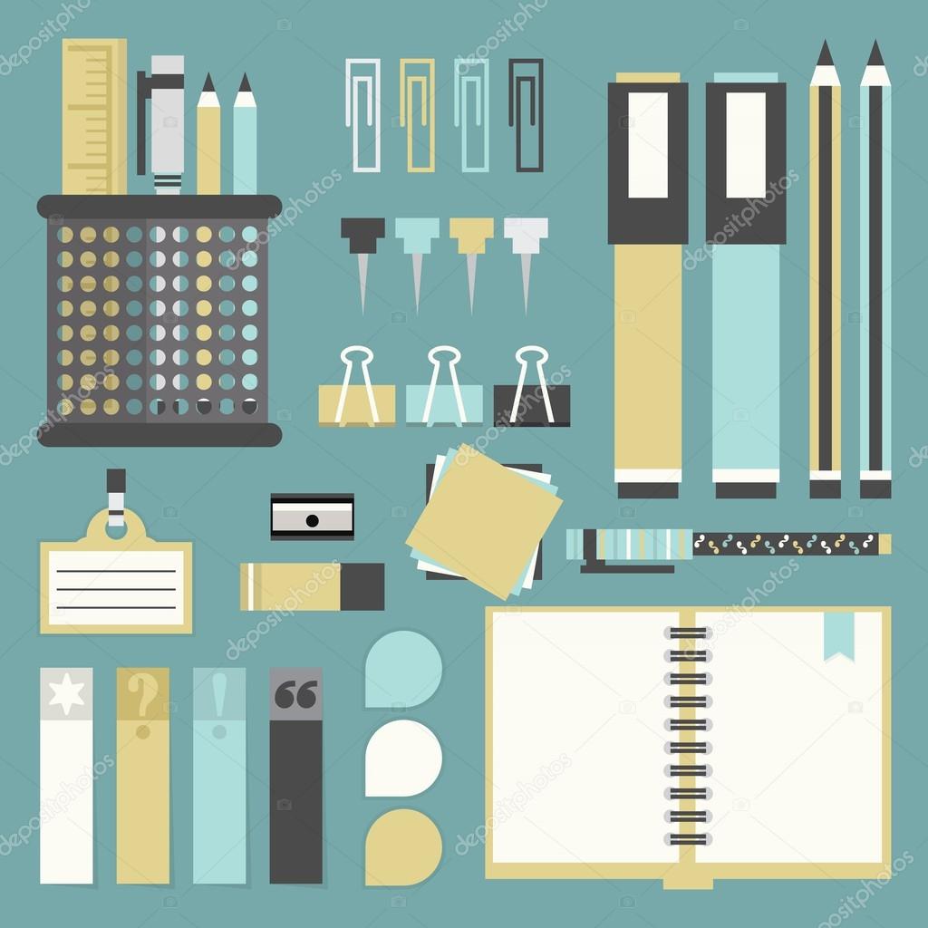 Office tools, supplies, and stationery icons set - Flat design