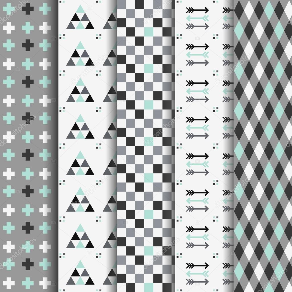 Set of abstract geometrical Aztec seamless patterns