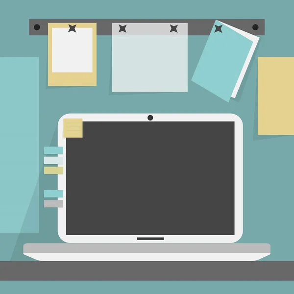 Ordinateur portable ouvert sur le bureau et le mur de fond avec des papiers coupés et une carte — Image vectorielle