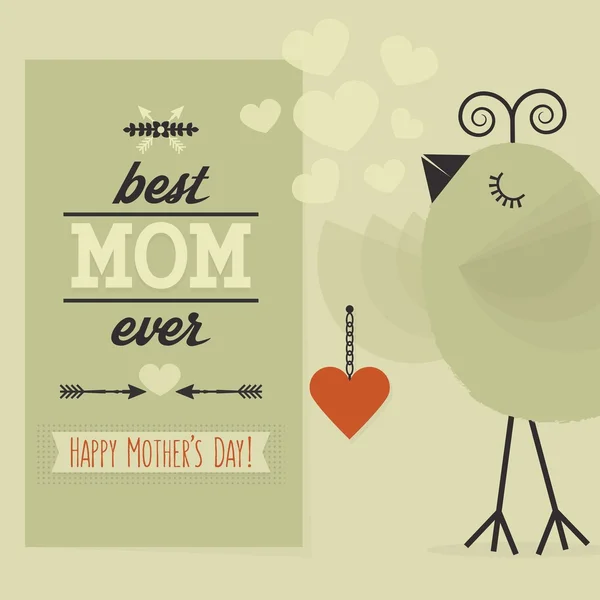 Best MOM ever and Happy Mother's Day card- Cute little bird holding a pendant close up — Stock Vector