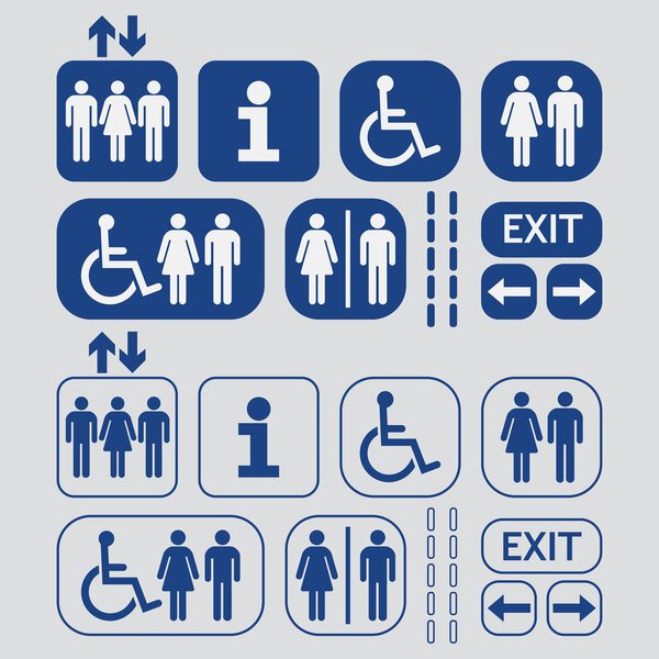 Blue line and silhouette Man and Woman public access icons set on gray background
