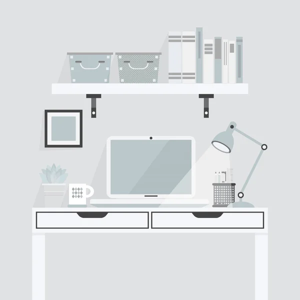 Söt vit och teal arbetsplats på grå bakgrund - platt design — Stock vektor
