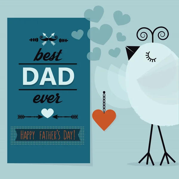 Best DAD ever and Happy Father's Day blue card- Cute little bird holding a pendant close up — Stock Vector
