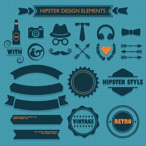 Eléments de conception Hipster mis sur fond bleu motif sans couture pointillé — Image vectorielle