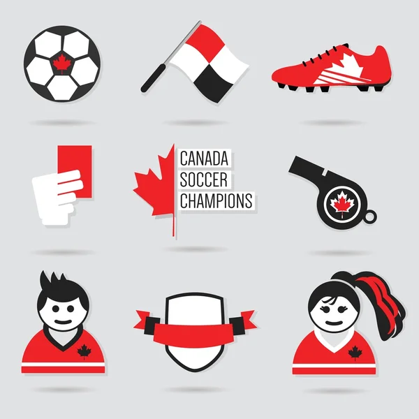 Conjunto de iconos y elementos de diseño de fútbol de Canadá - Moderno plano rojo, negro y blanco — Vector de stock